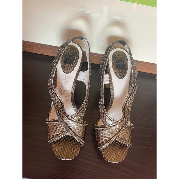 Vintage Frye Bronze Beaded Open Toe Slingback Wood Platform Heeled Sandal Sz 8.5 - Picture 6 of 15